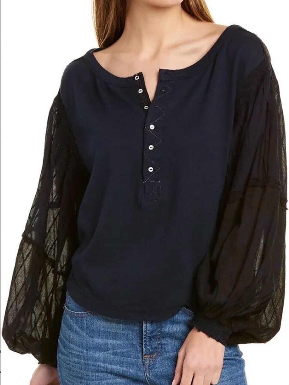 Free People Light Magic Navy Blue Henley Top Patchwork Balloon Sleeve Witchy Y2K